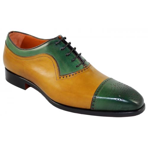 Emilio Franco 602 Green / Mustard Genuine Calf Medallion Cap Toe Oxford Shoes.